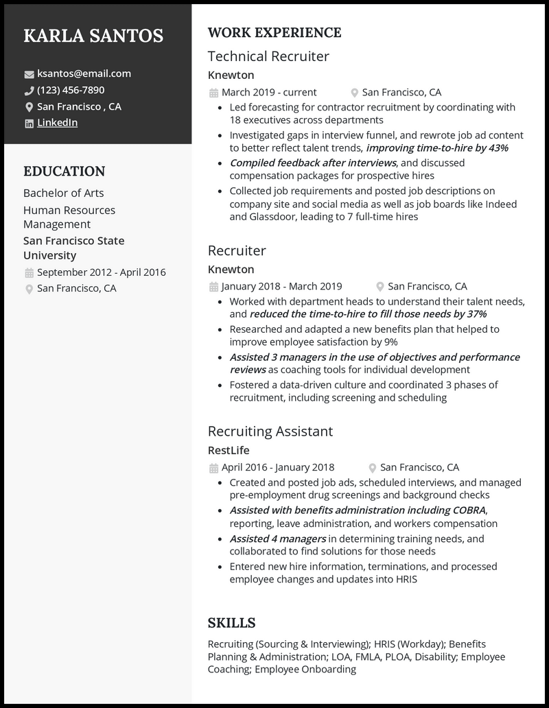 Technical recruiter resume example with 6+ years experience