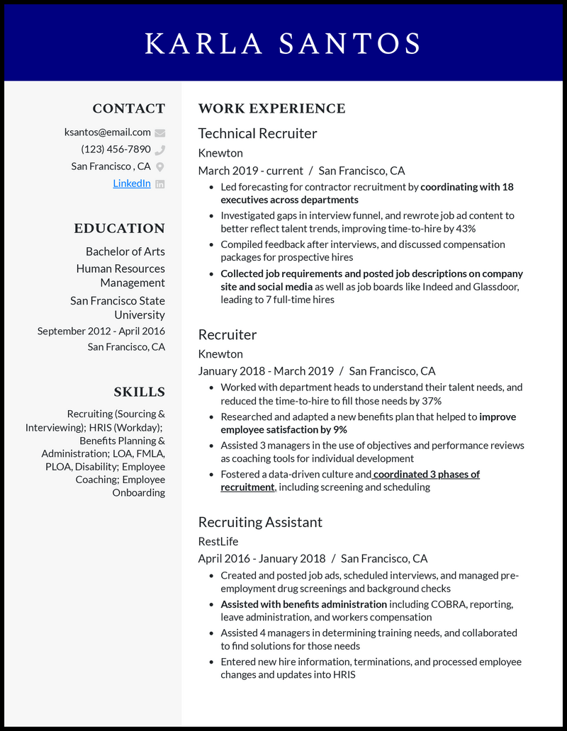 Modern technical recruiter resume example