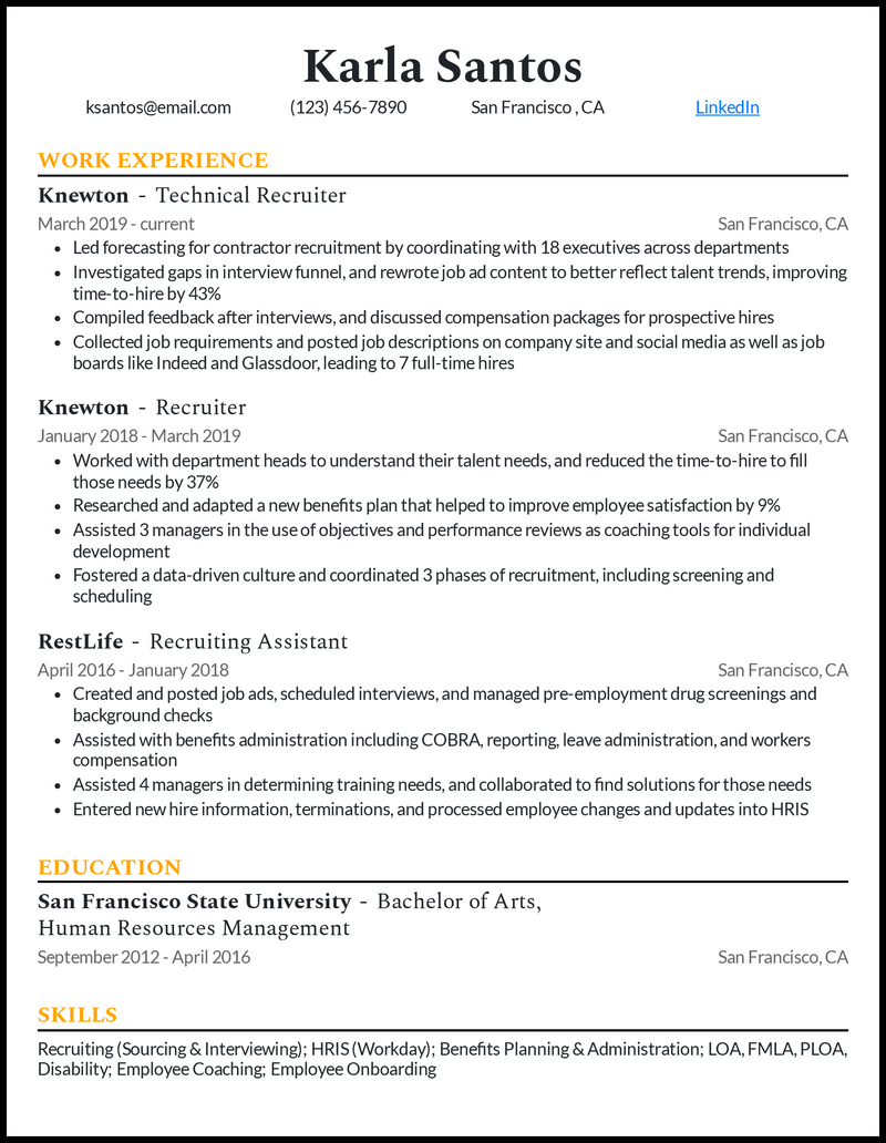 Technical recruiter resume example with 7 years of experience