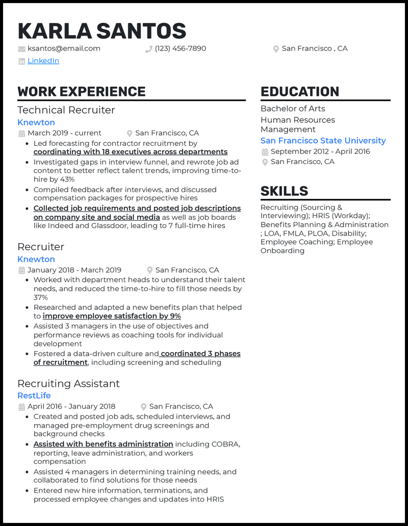 Clean technical recruiter resume example