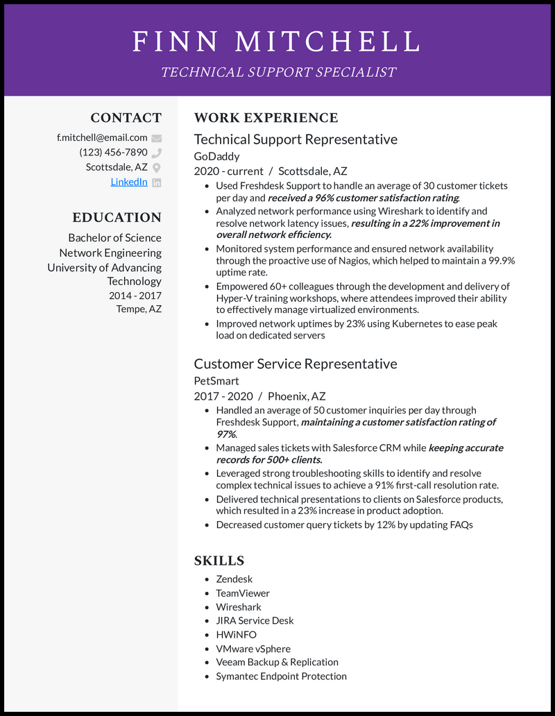 Technical support specialist resume example with 6+ years experience