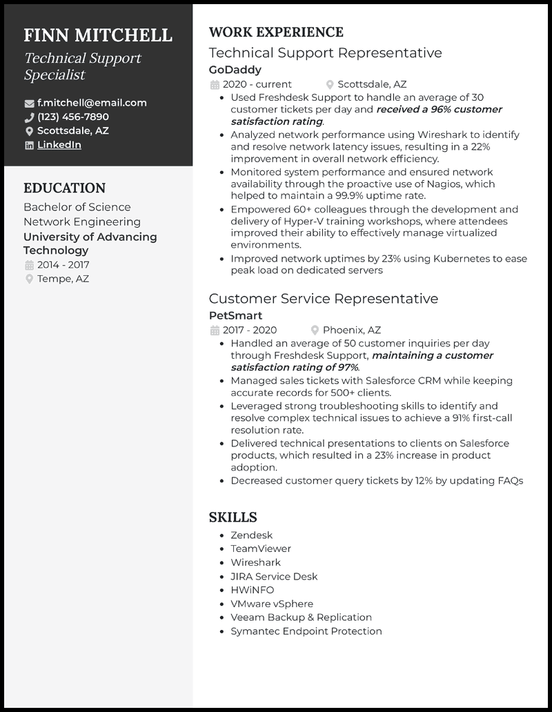 Technical support specialist resume example with 3 years of experience