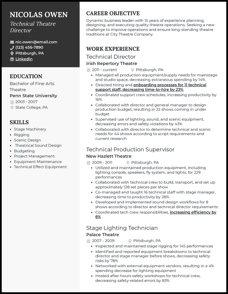 Modern technical theatre resume example with 4+ years experience