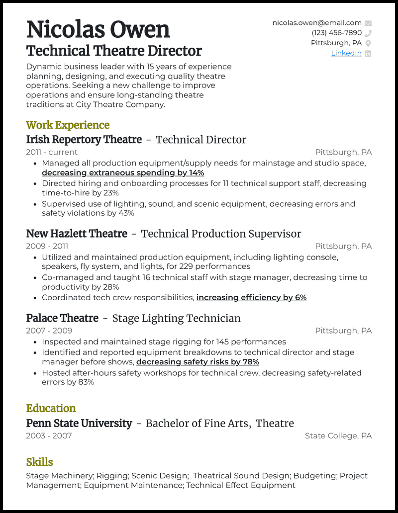 Technical theatre resume example with 15 years of experience