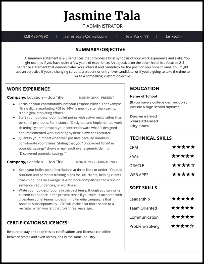 Technical Word resume template with room for tech stack