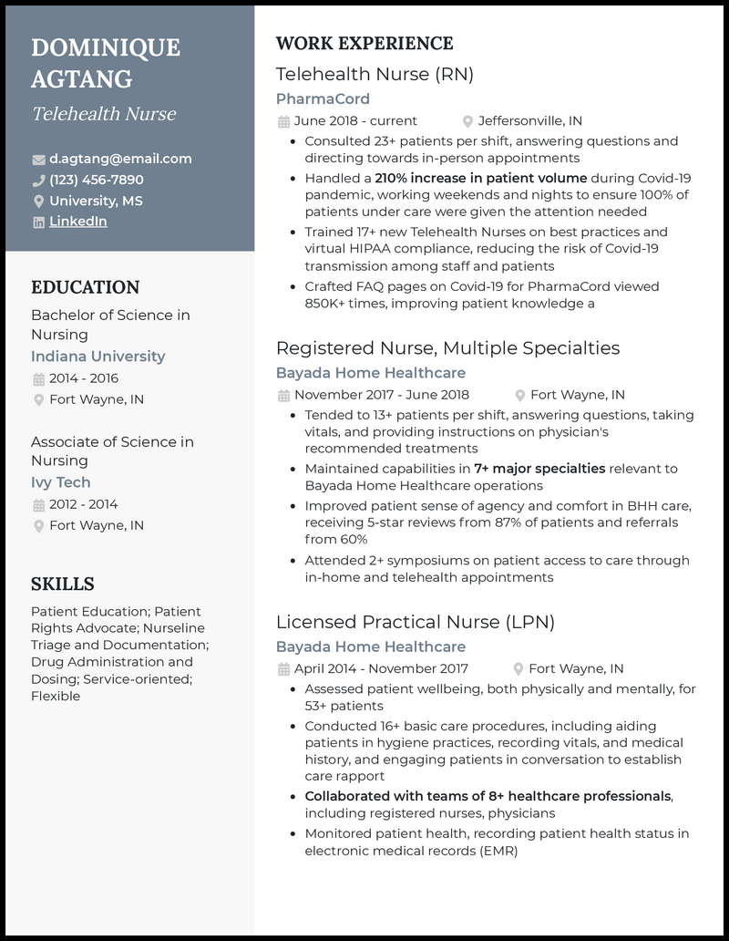 Telehealth nurse resume example with 8+ years experience