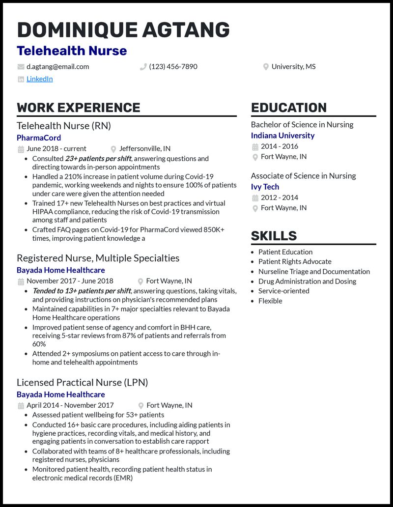 resume template for telehealth nurse