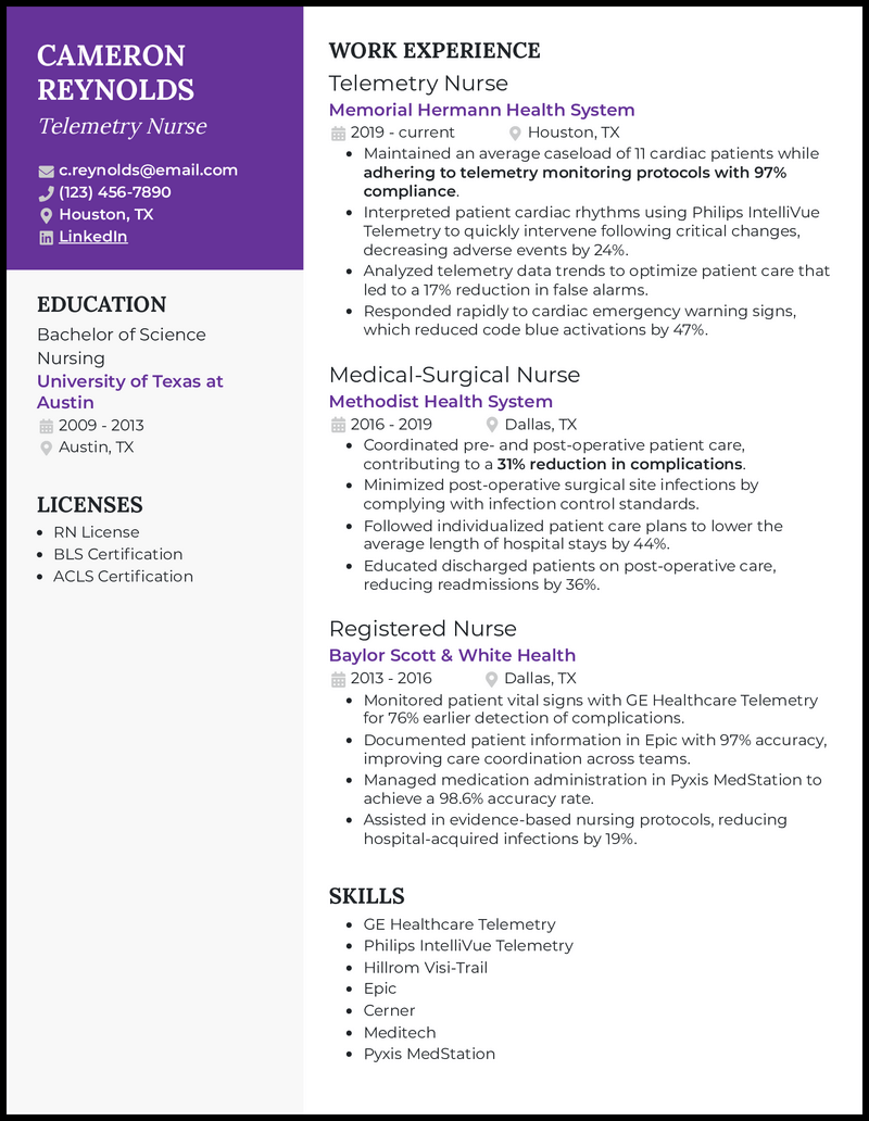 Telemetry nurse resume example with 6+ years experience