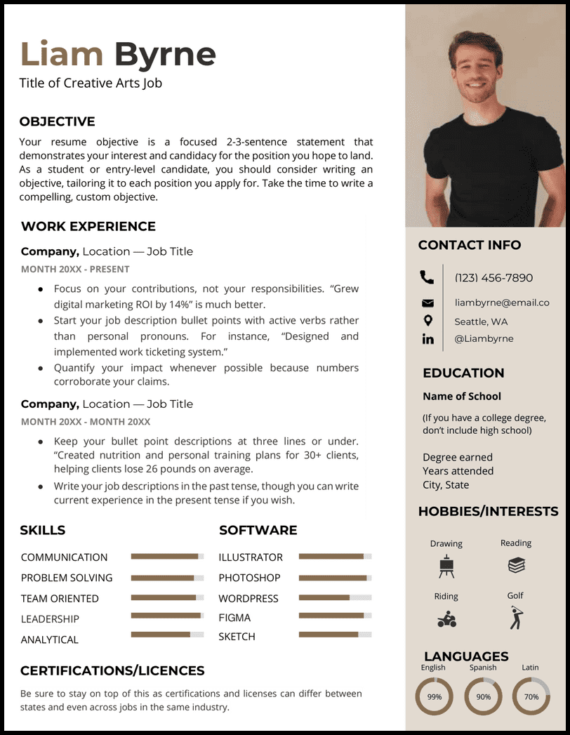 The arts Word resume template