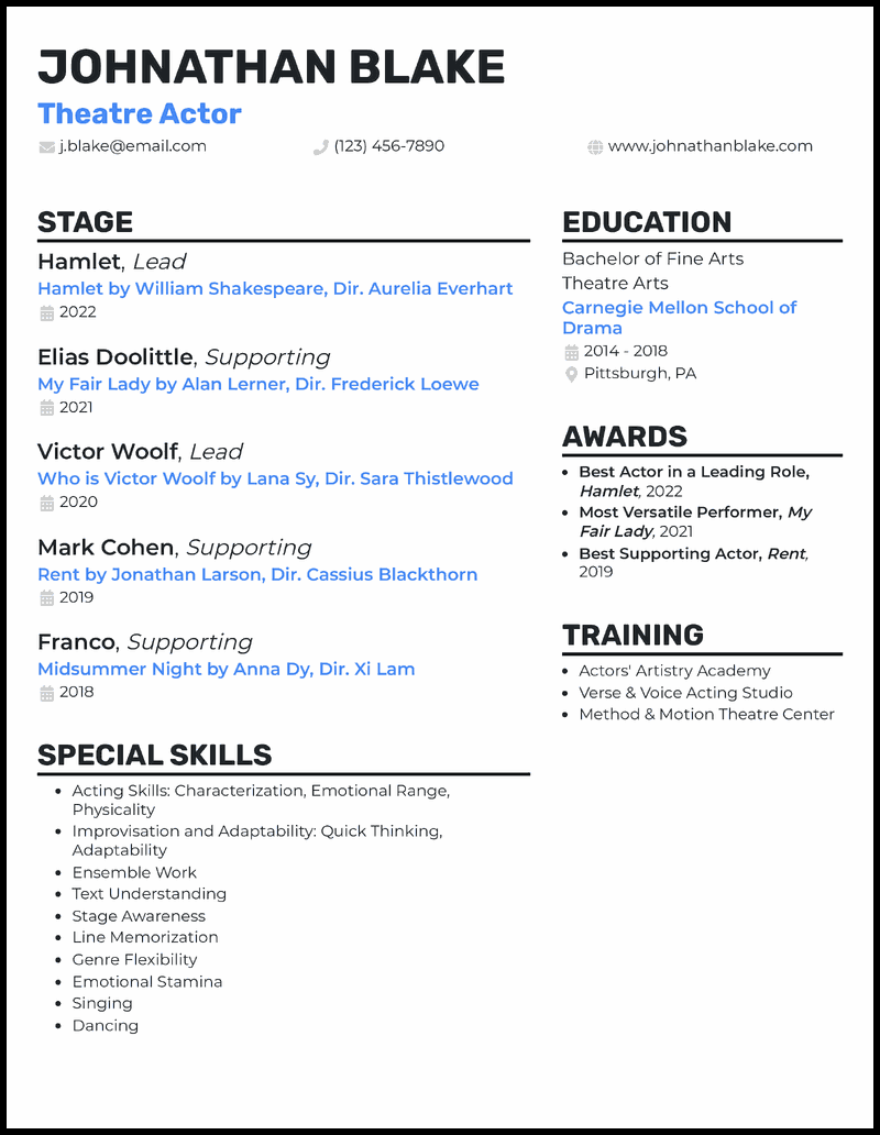 Theatre actor resume example with 5 years of experience