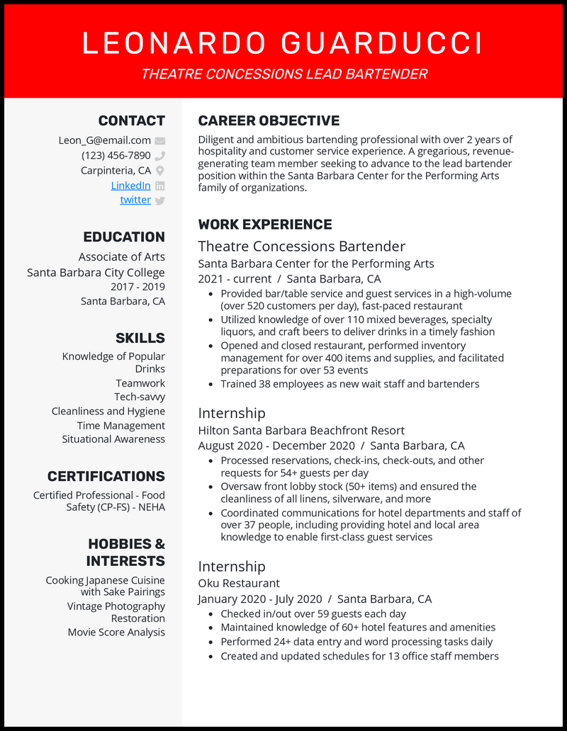 Theatre concessions lead bartender resume example with 2 years of experience