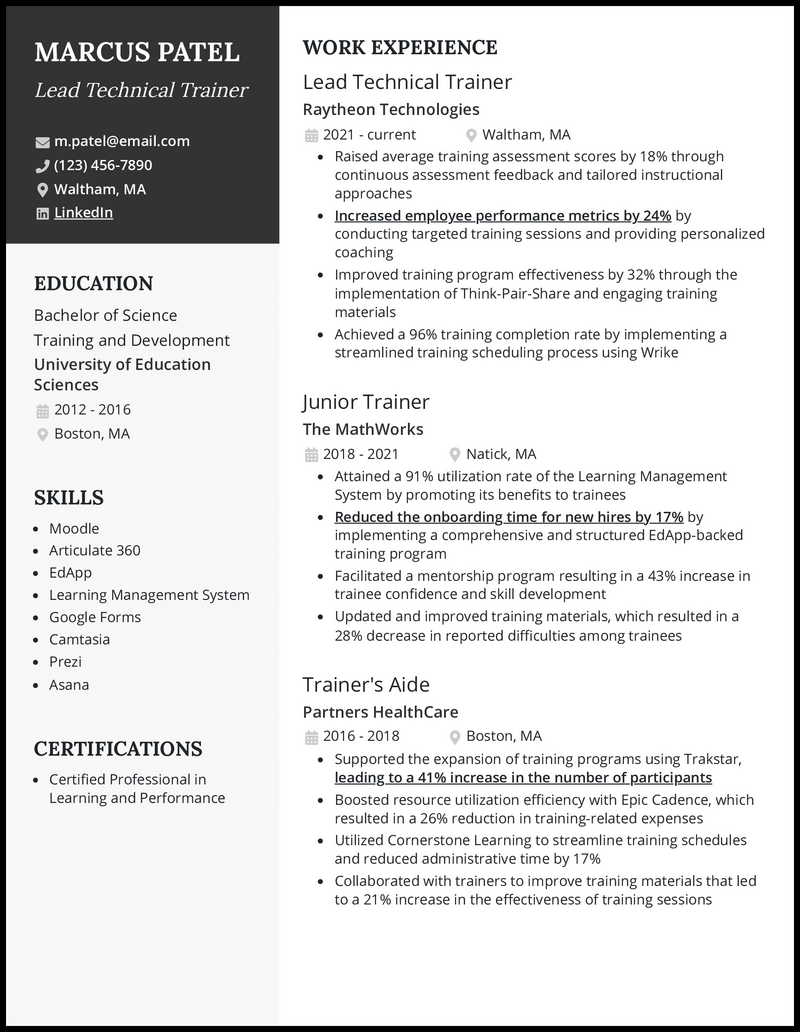 Trainer resume example with 7 years experience