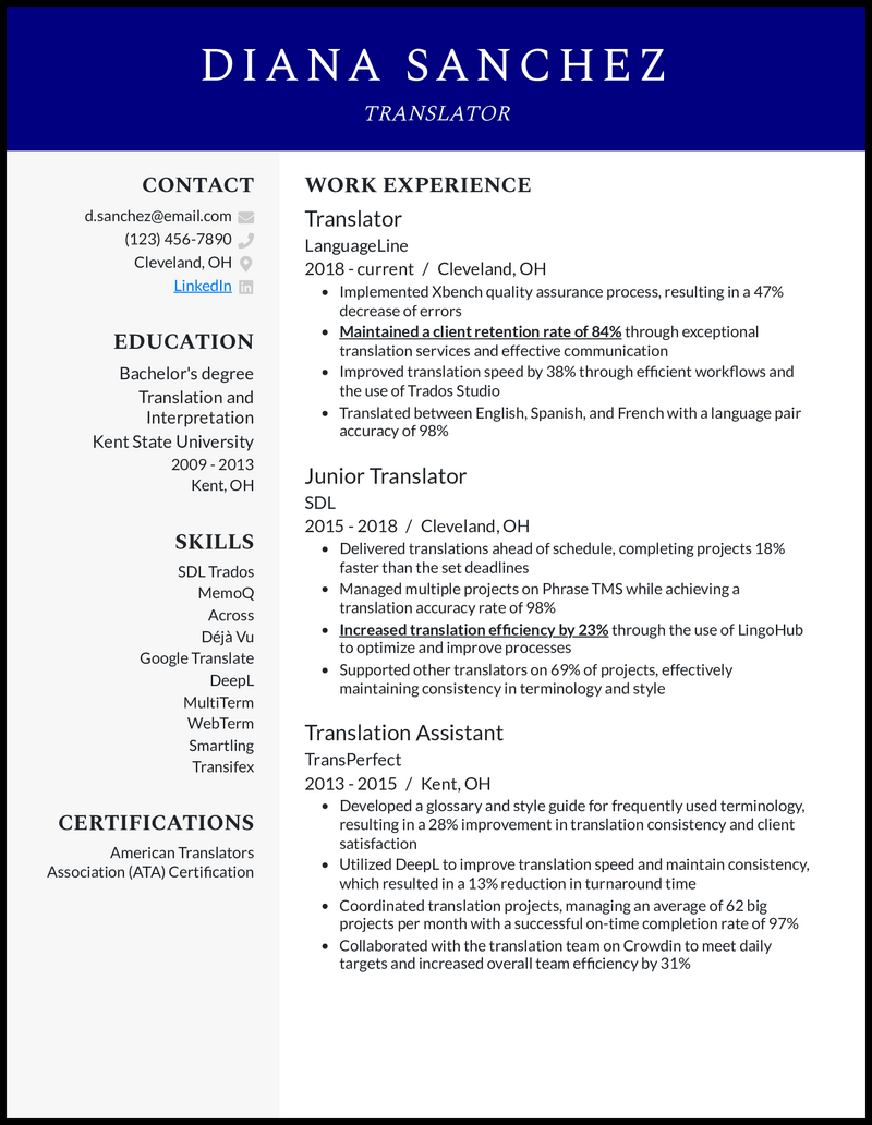 Translator resume example with 10 years of experience