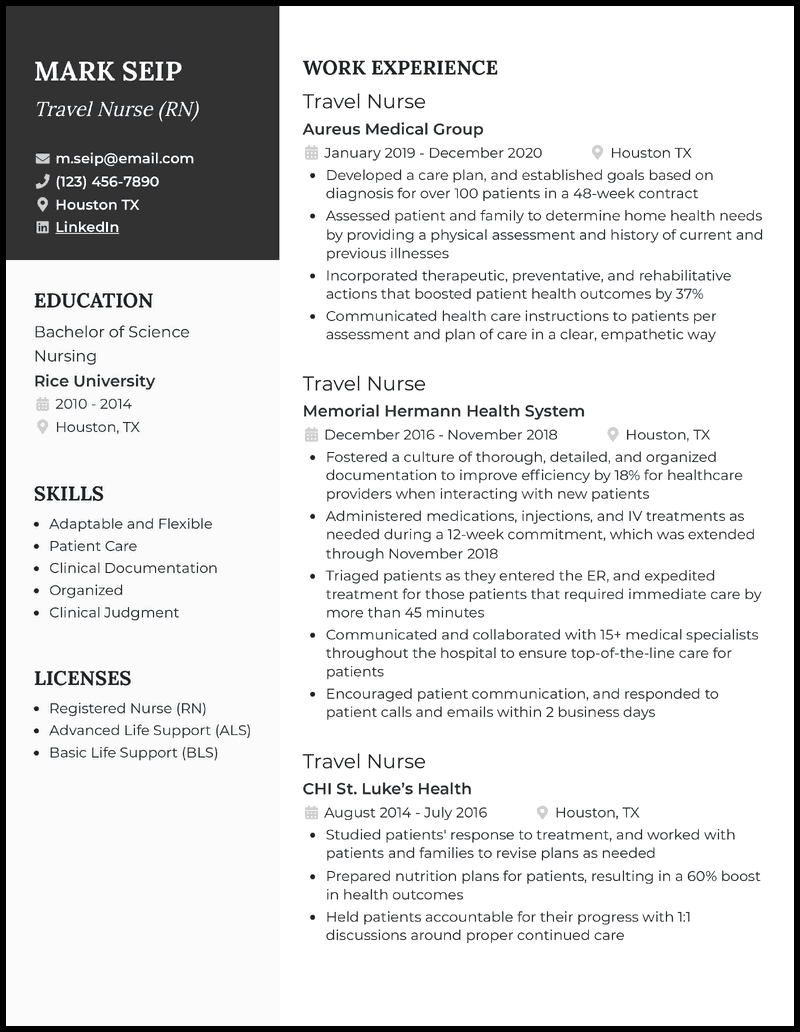 skills of travel nurse for resume