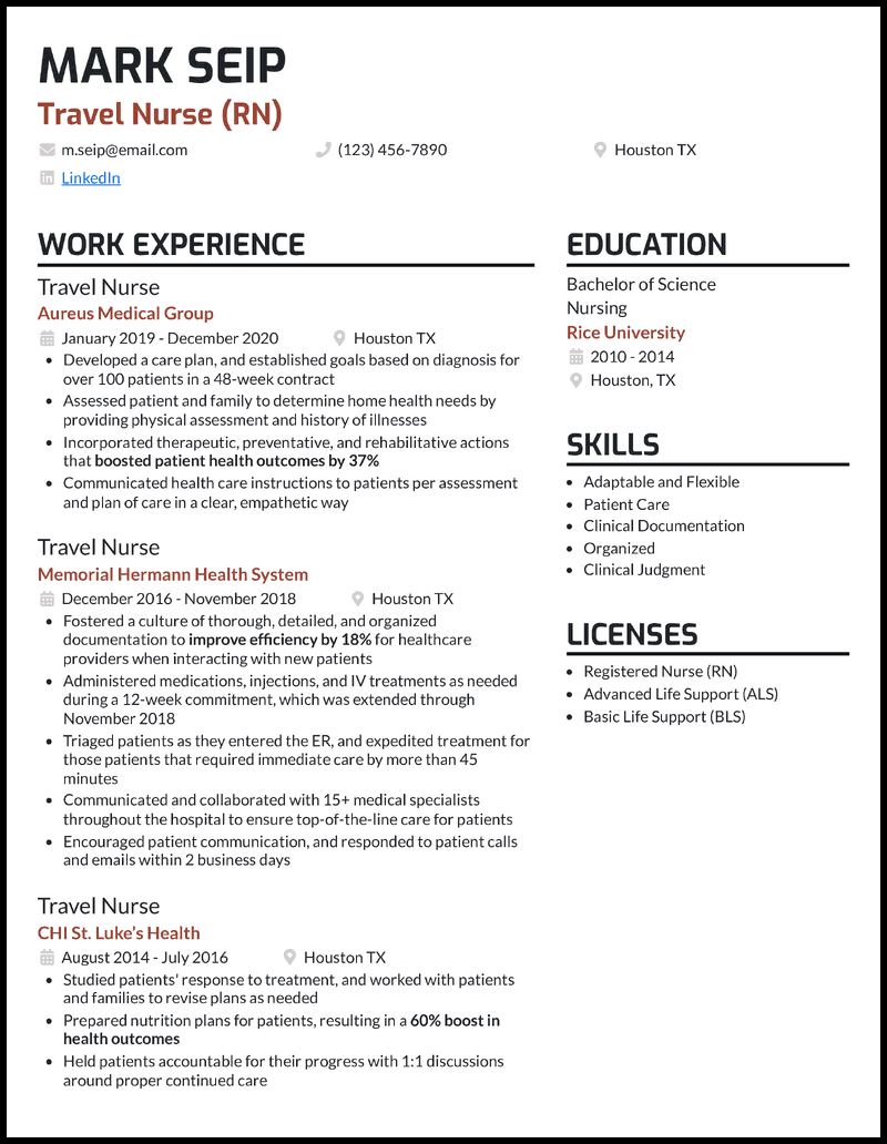 Travel nurse resume example with 5+ years experience