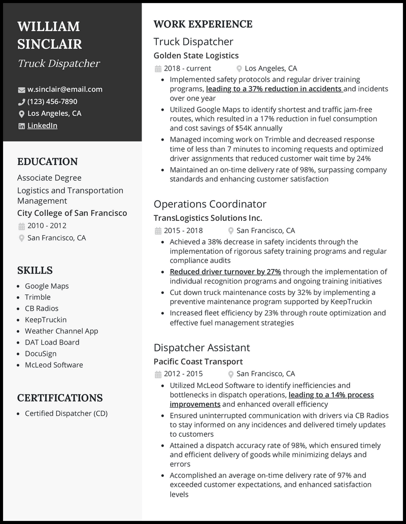 Truck dispatcher resume example with 11 years of experience