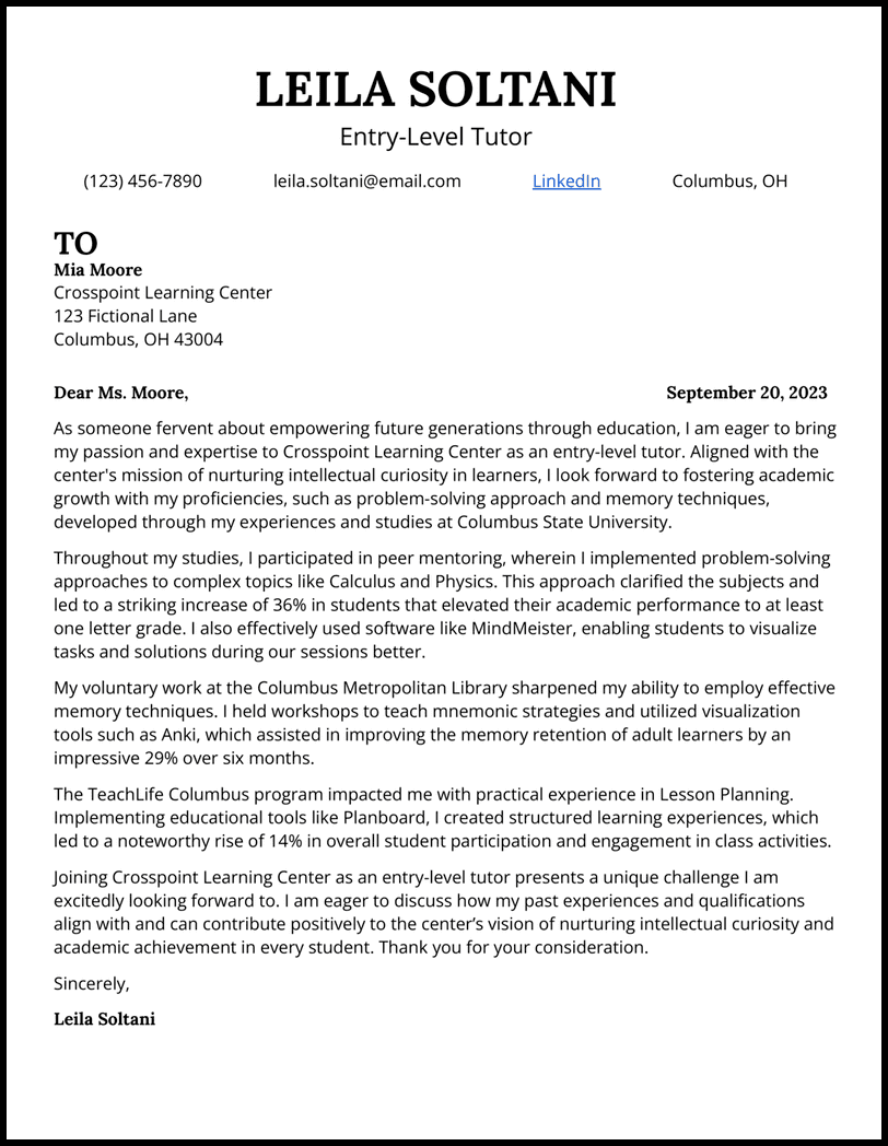 Tutor no experience cover letter example