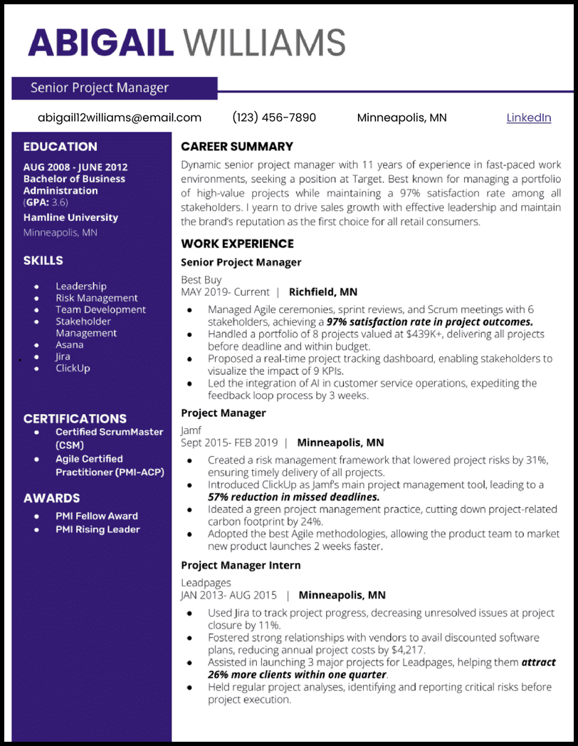 Two-column Google docs resume template with purple column