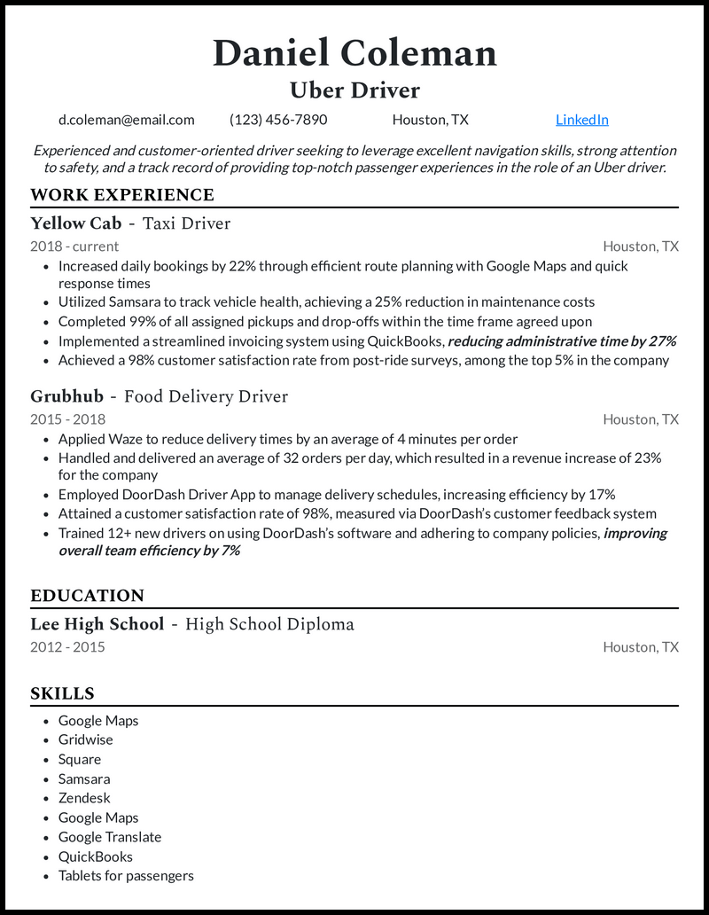 Uber driver resume example with 8 years of experience