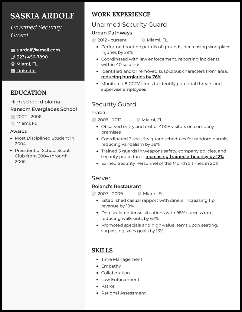 Clean unarmed security guard resume example with 7+ years experience