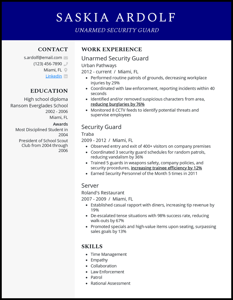 Modern unarmed security guard resume example with 7+ years experience