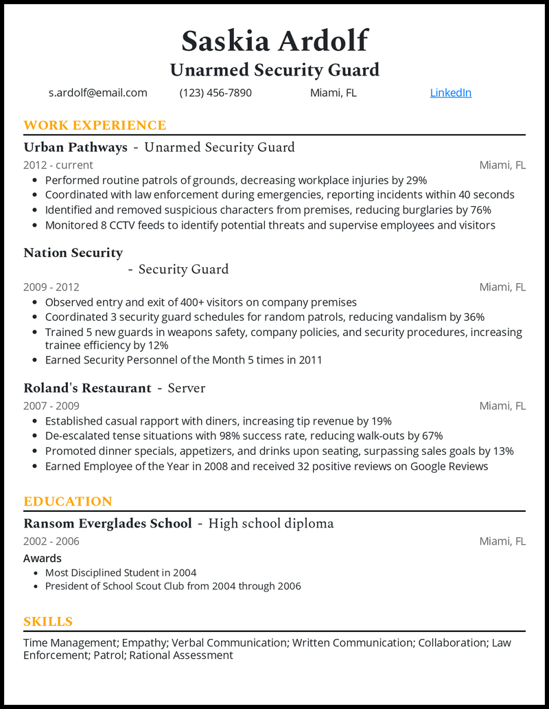 Security Guard Resume Template   Unarmed Security Guard Resume Example 