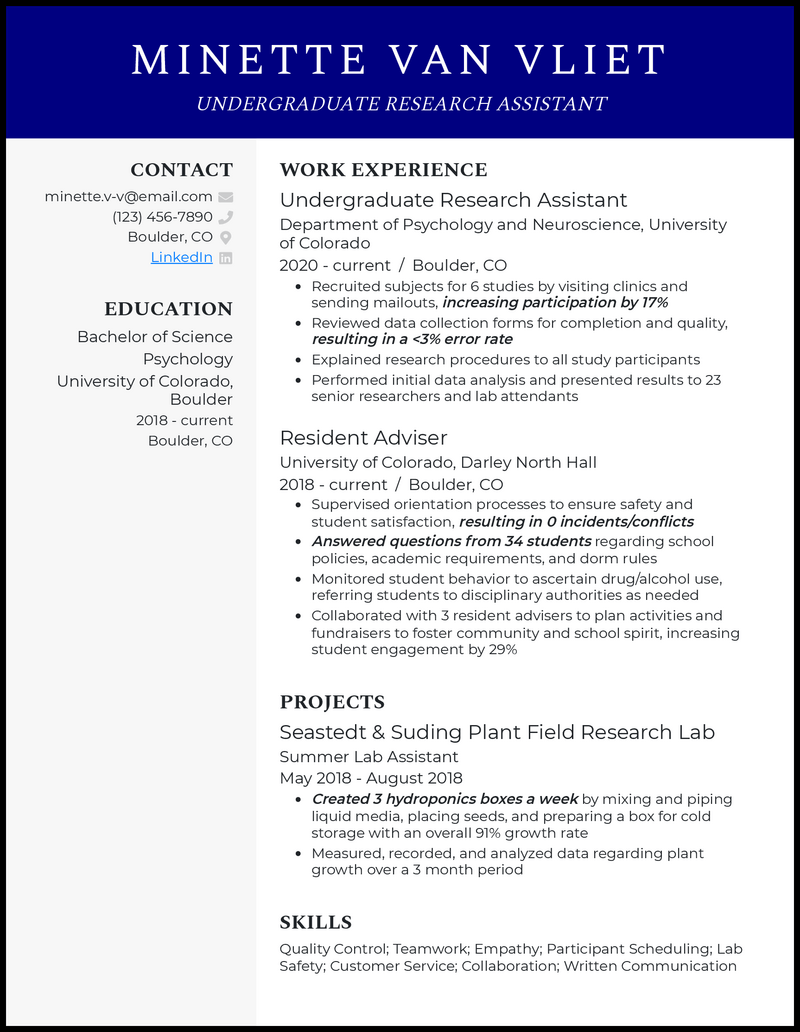 Undergraduate research resume example with 5+ years experience