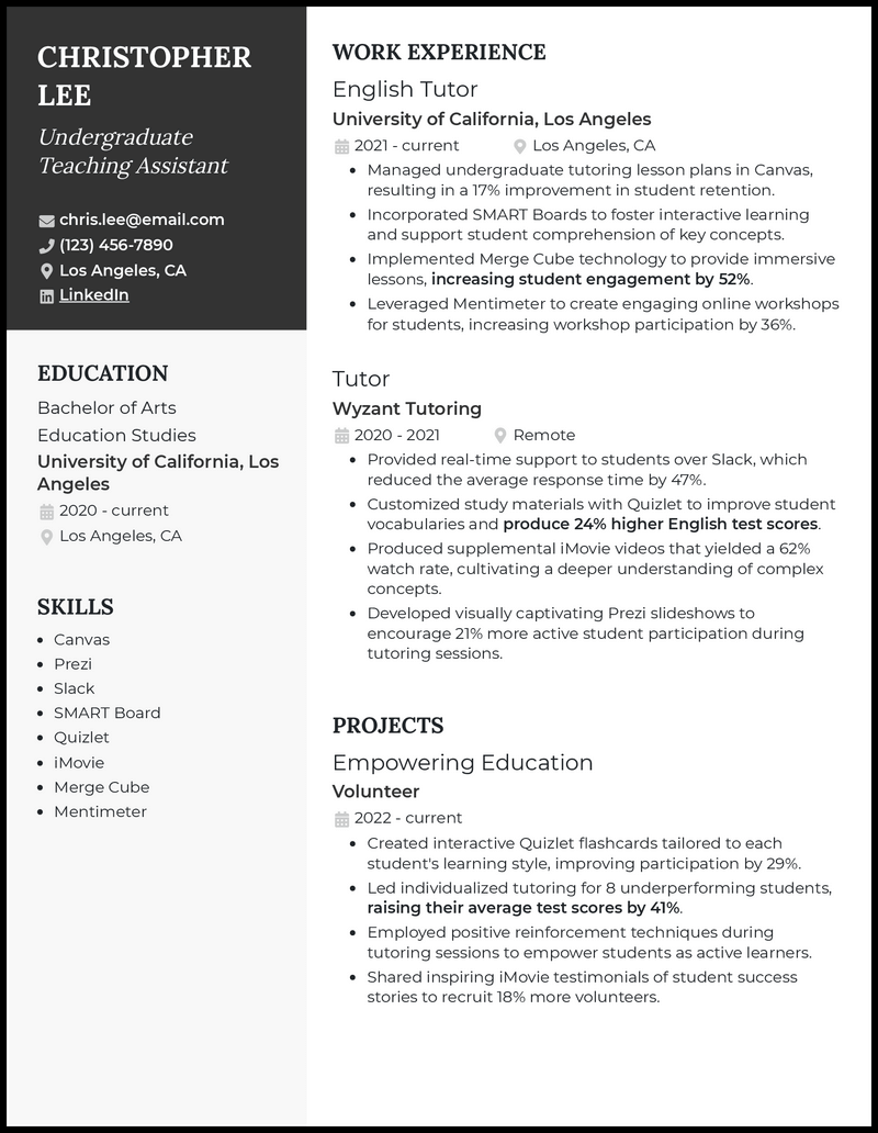 Undergraduate teaching assistant resume example with 2 years of experience