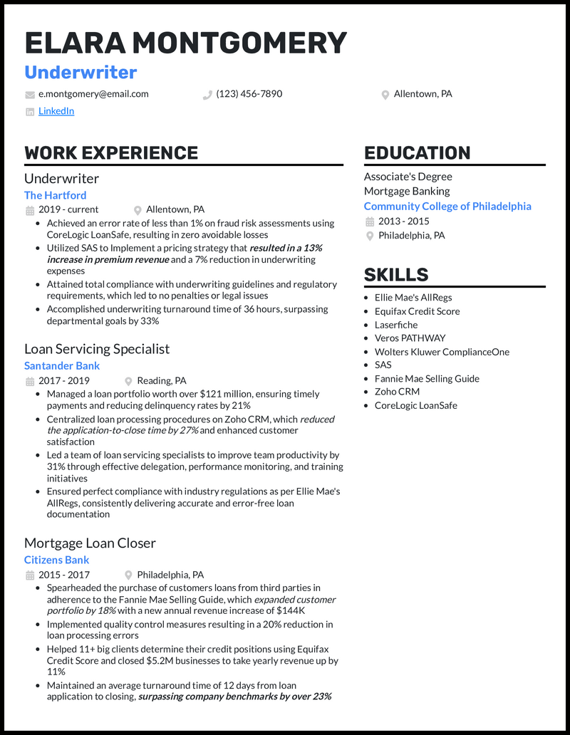 Underwriter resume example with 8 years of experience