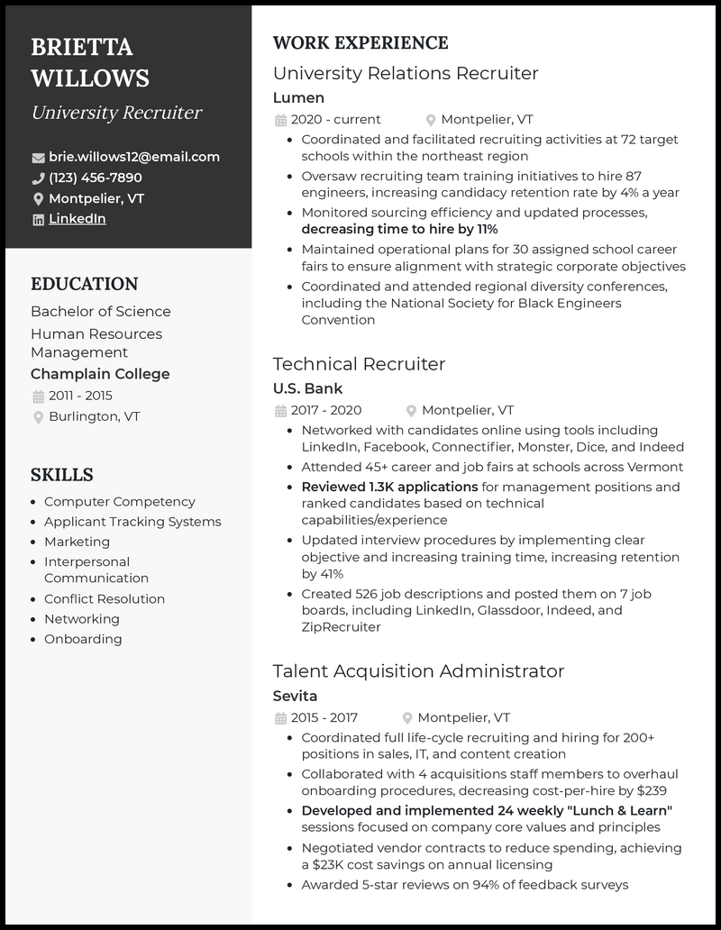 Clean university recruiter resume example