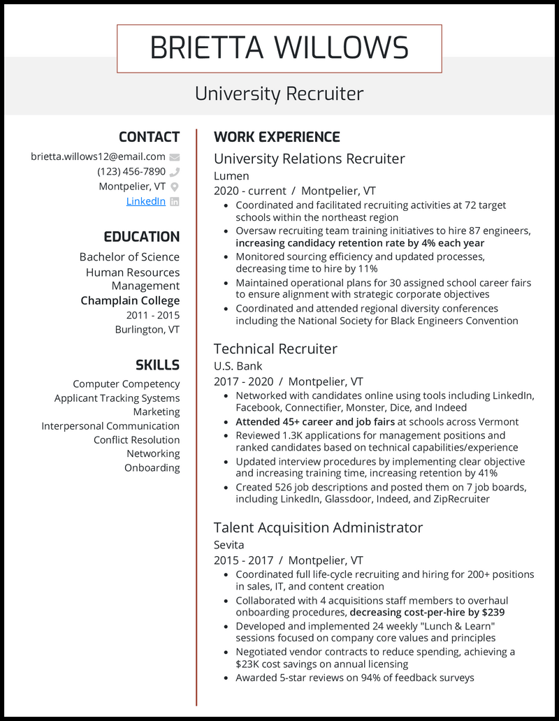 11 Top Recruiter Resume Examples - University Recruiter Red Brown Resume Example 