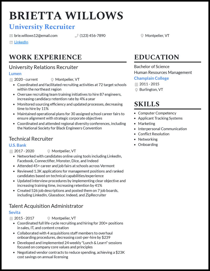 Modern university recruiter resume example