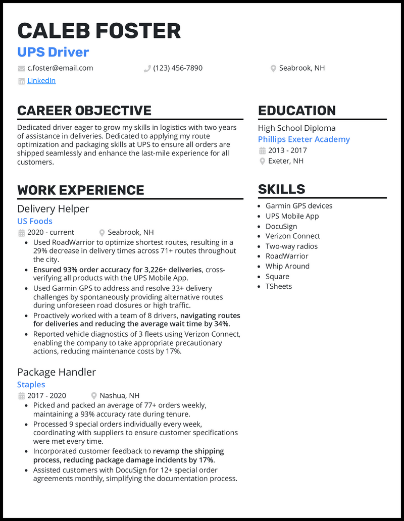 UPS driver resume example with 2 years of delivery assistance experience