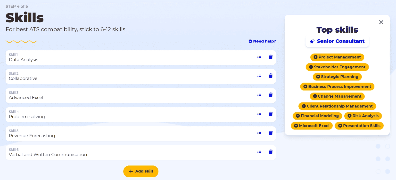 BeamJobs’ consulting resume builder skills section