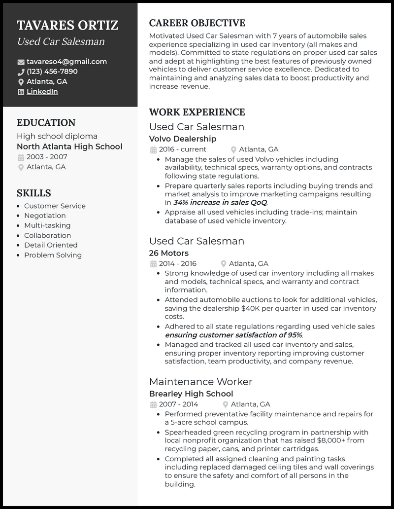 Formal used car salesman resume example with 4+ years experience