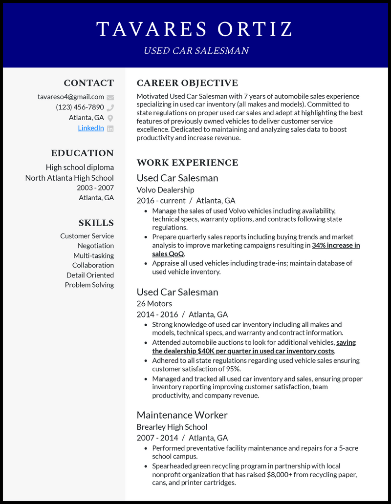 Elegant used car salesman resume example with 4+ years experience