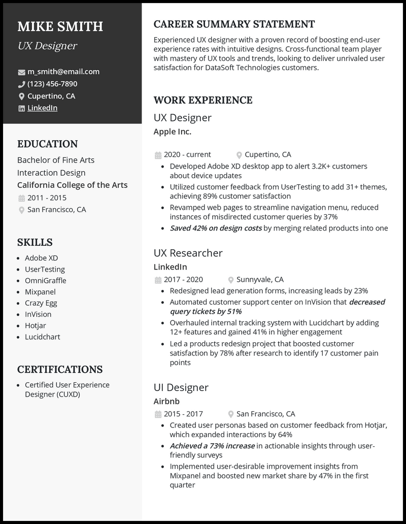 UX Designer resume example with 8 years of experience