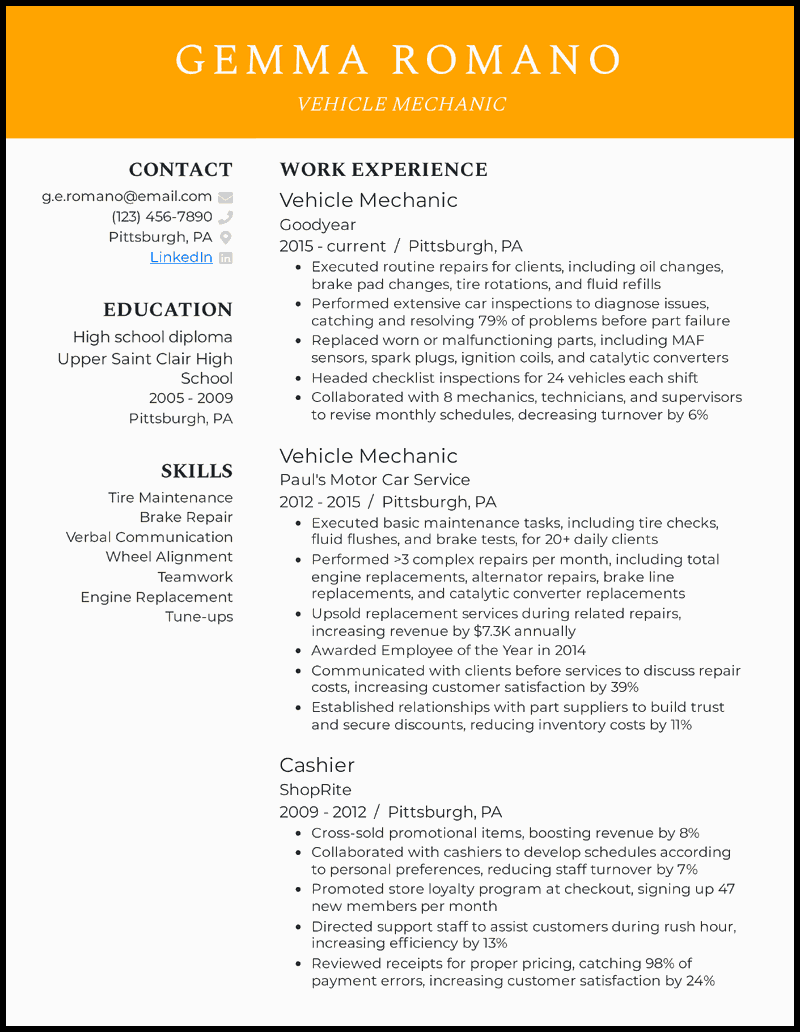 resume for technician car