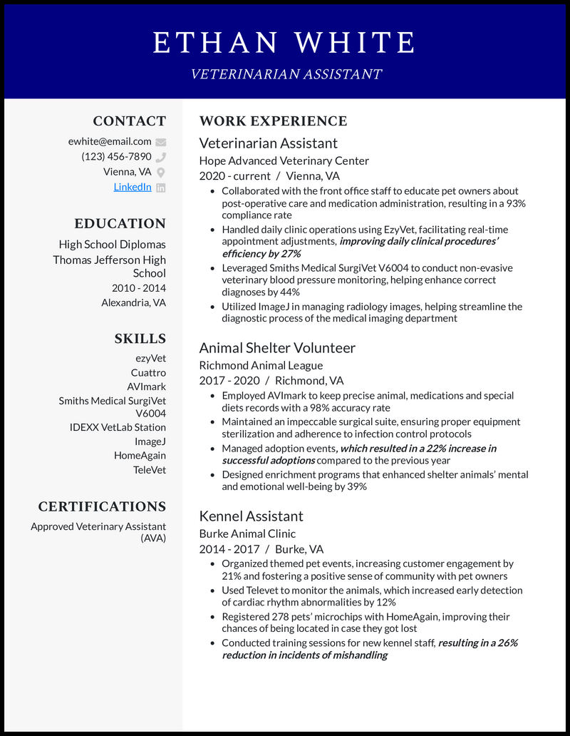 Veterinarian assistant resume example with 3 years of experience