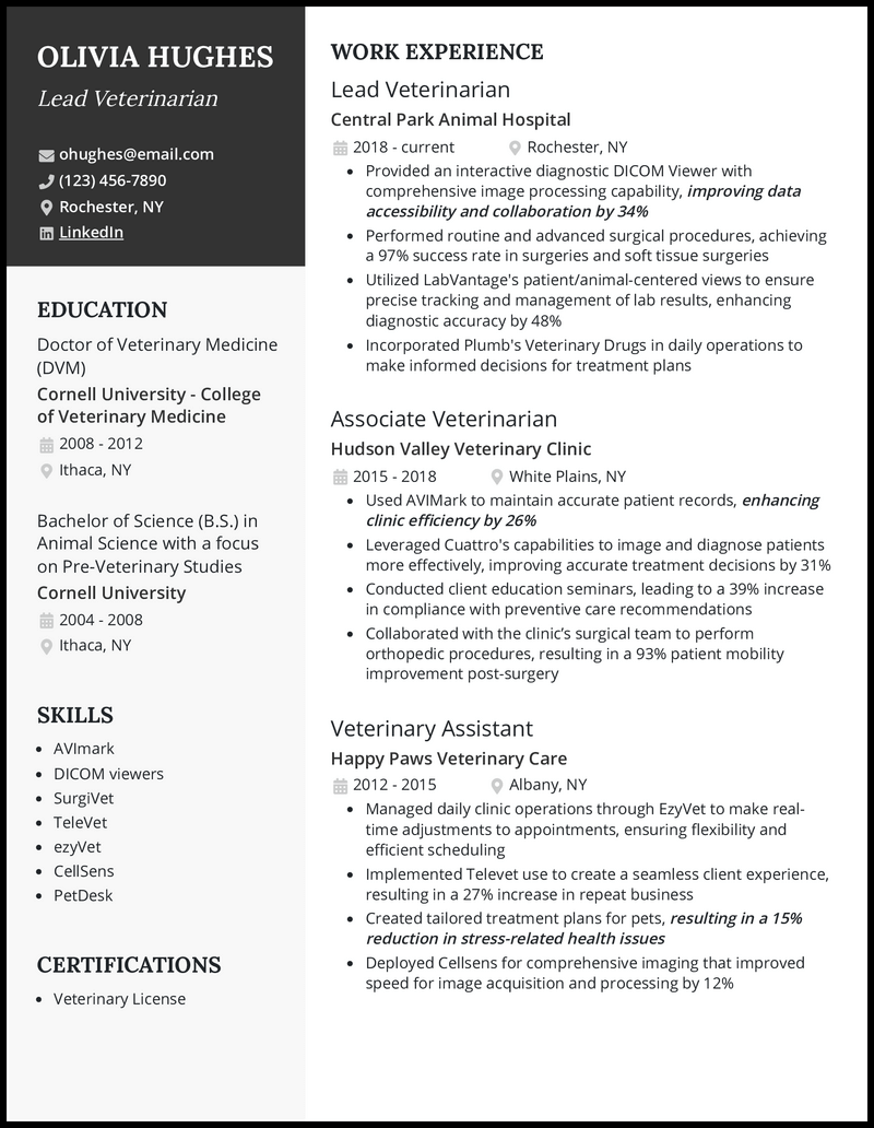 resume for veterinary school