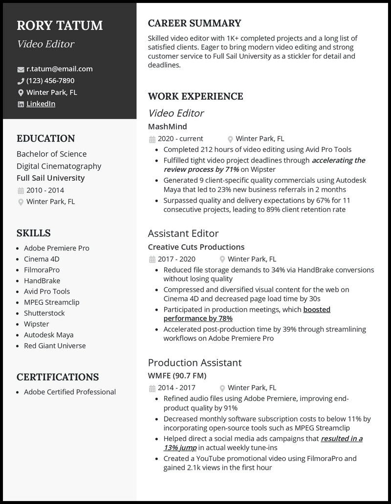 Video editor resume example with 3 years of experience