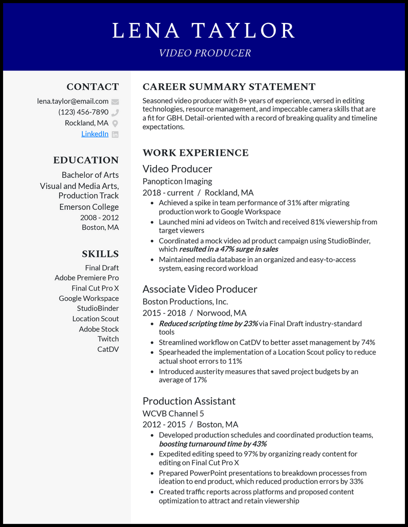 Video producer resume example with 8+ years of experience