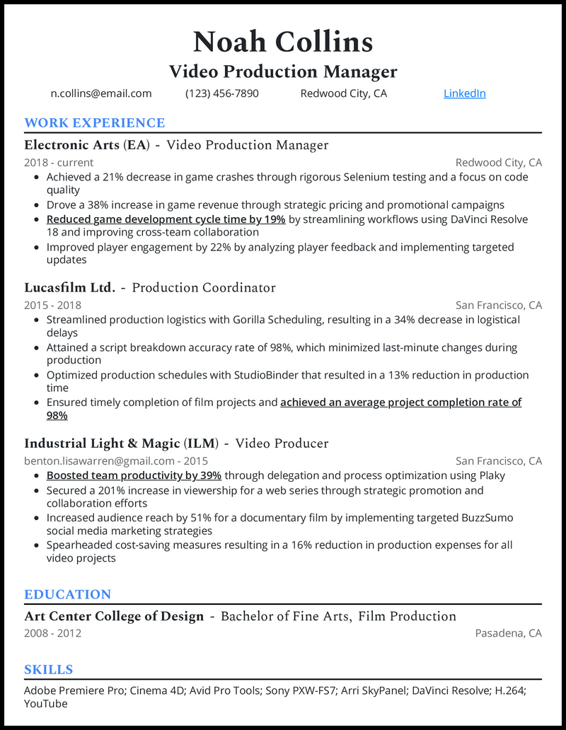 Video Production Manager resume example with 11 years experience