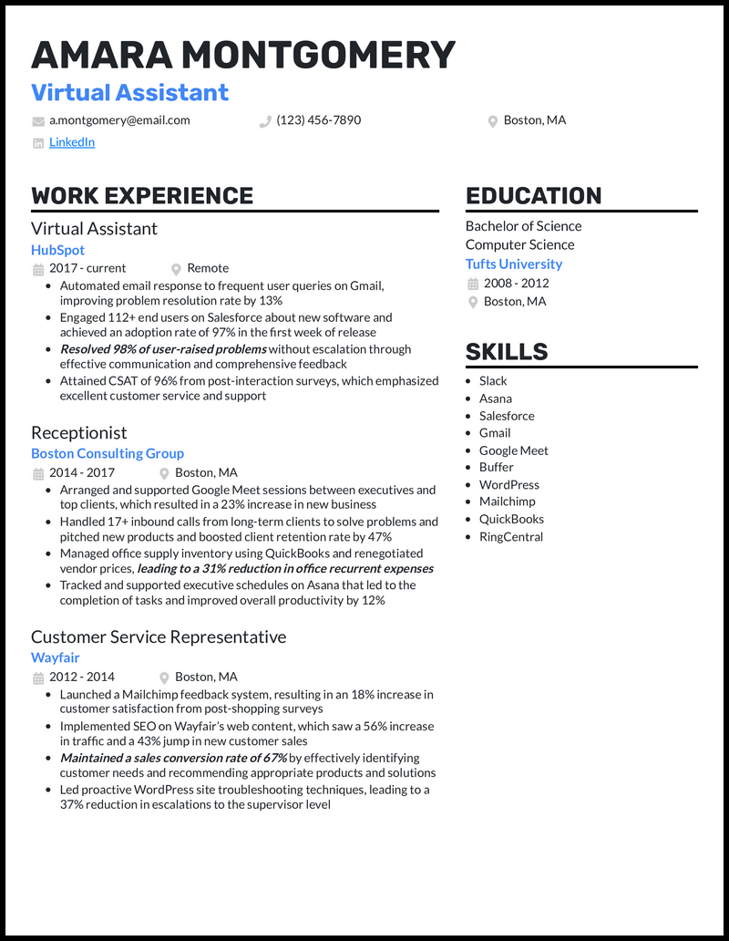 5 Virtual Assistant Resume Examples For The Job In 2024   Virtual Assistant Resume Example 