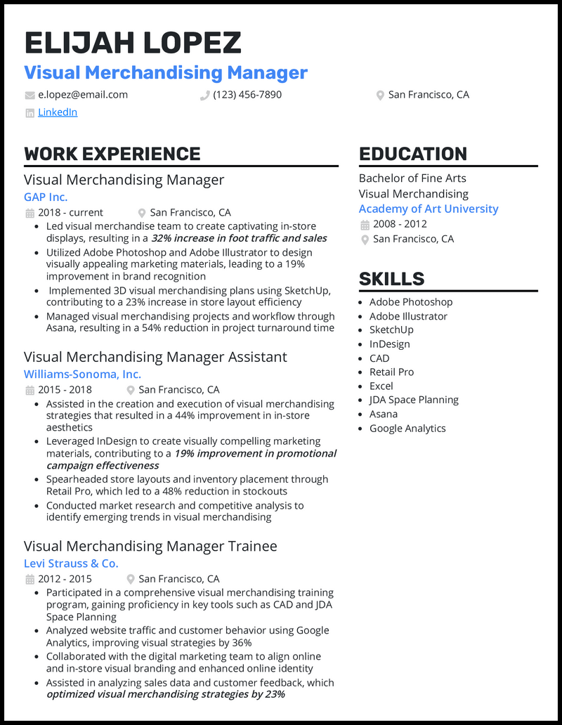 Visual merchandising manager resume example with 10+ years of experience