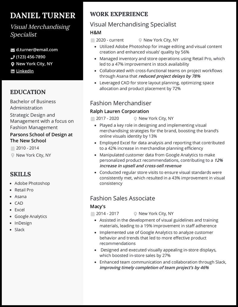 Visual merchandising resume example with 9 years experience