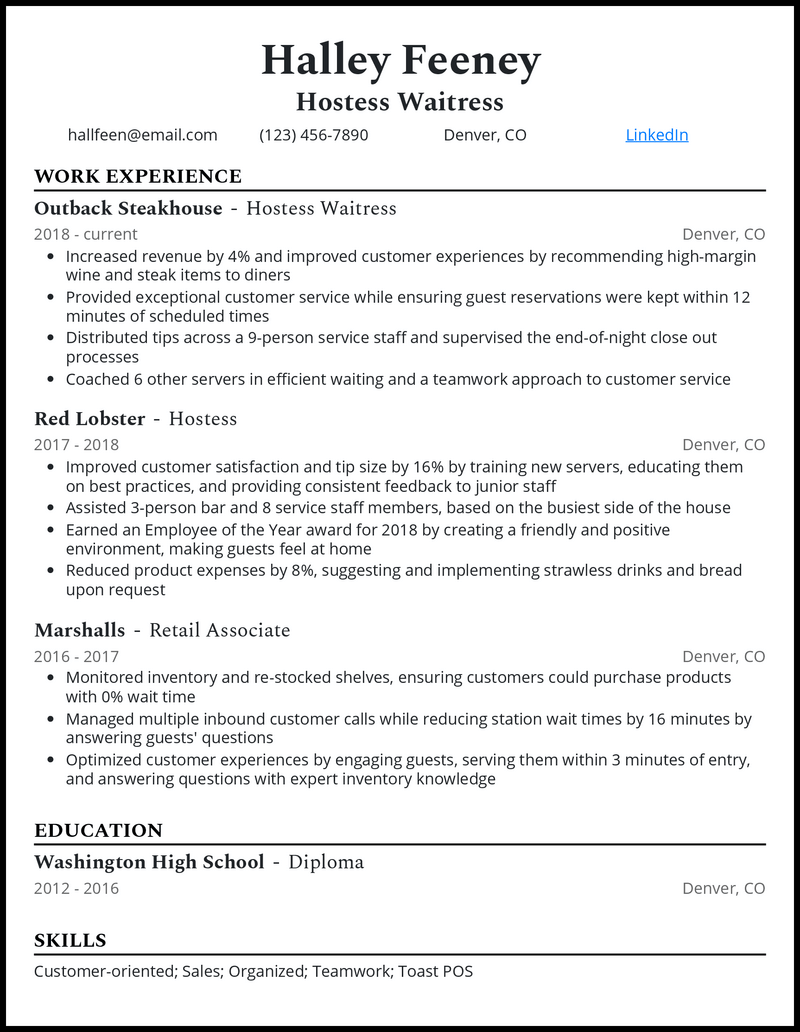 Modern waitress hostess resume example with 7+ years experience