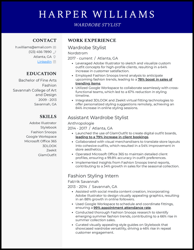 Wardrobe stylist resume example with 9 years of experience