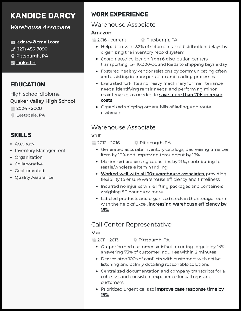 3 Warehouse Associate Resume Examples That Work In 2024   Warehouse Associate Elegant Resume Example 