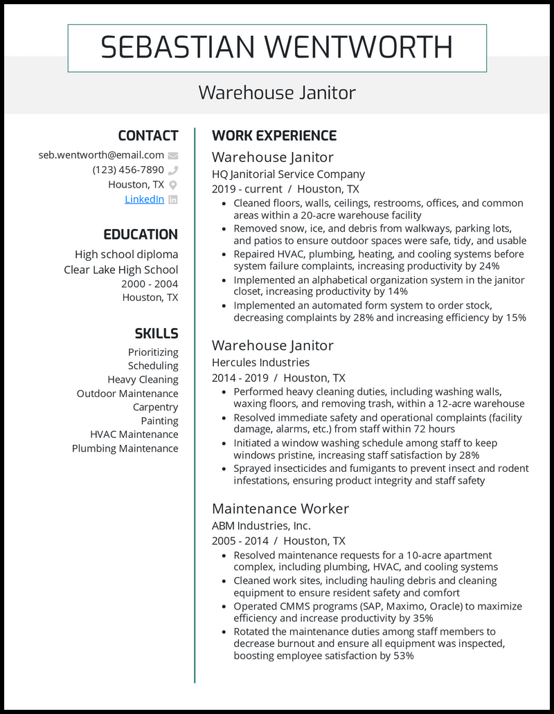 Warehouse janitor resume example with 18 years of experience